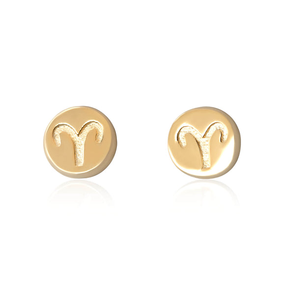 E-7008 Zodiac Disc Stud Earrings - Gold Plated - Aries | Teeda