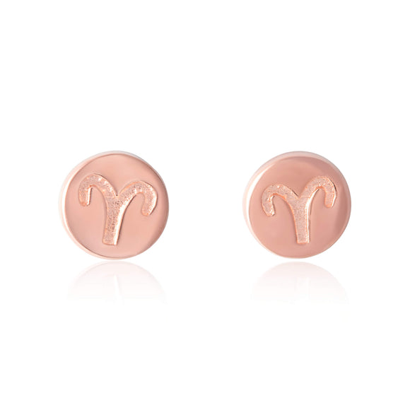 E-7008 Zodiac Disc Stud Earrings - Rose Gold Plated - Aries | Teeda