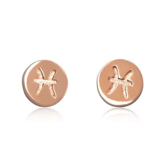 E-7008 Zodiac Disc Stud Earrings - Rose Gold Plated - Pisces | Teeda