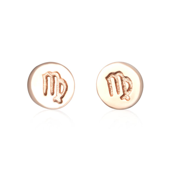 E-7008 Zodiac Disc Stud Earrings - Rose Gold Plated - Virgo | Teeda