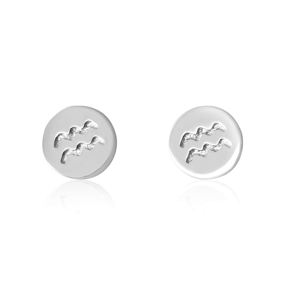 E-7008 Zodiac Disc Stud Earrings - Rhodium Plated - Aquarius | Teeda