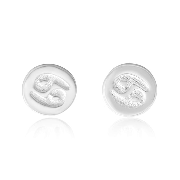 E-7008 Zodiac Disc Stud Earrings - Rhodium Plated - Cancer | Teeda