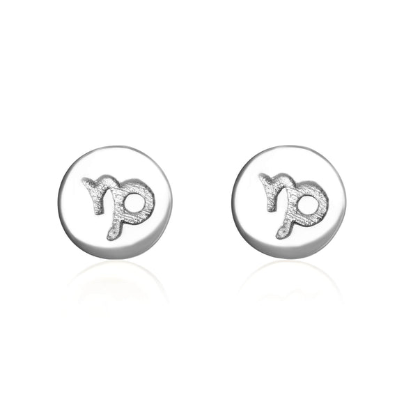 E-7008 Zodiac Disc Stud Earrings - Rhodium Plated - Capricorn | Teeda