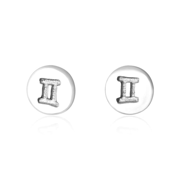 E-7008 Zodiac Disc Stud Earrings - Rhodium Plated - Gemini | Teeda