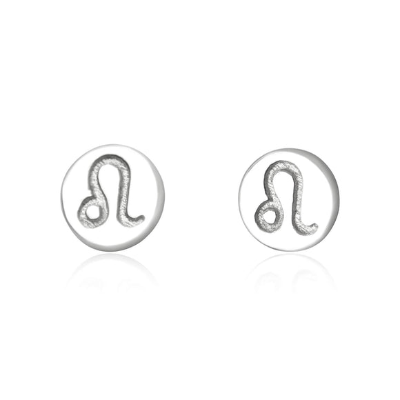 E-7008 Zodiac Disc Stud Earrings - Rhodium Plated - Leo | Teeda