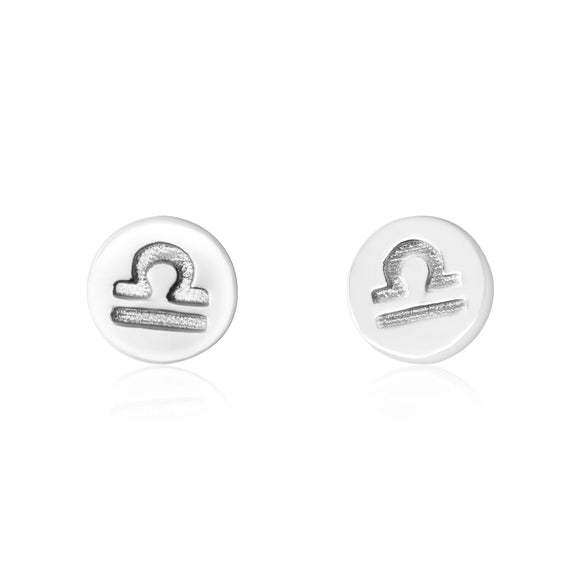 E-7008 Zodiac Disc Stud Earrings - Rhodium Plated - Libra | Teeda