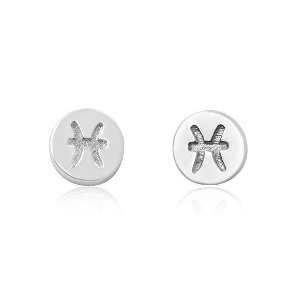 E-7008 Zodiac Disc Stud Earrings - Rhodium Plated - Pisces | Teeda