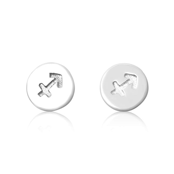 E-7008 Zodiac Disc Stud Earrings - Rhodium Plated - Sagittarius | Teeda