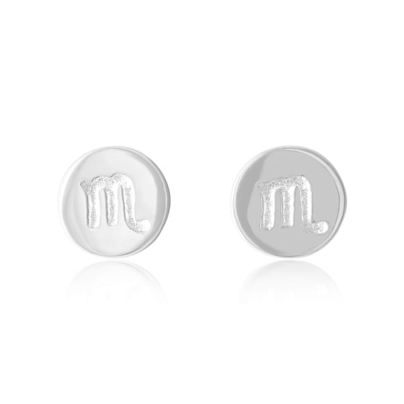 E-7008 Zodiac Disc Stud Earrings - Rhodium Plated - Scorpio | Teeda
