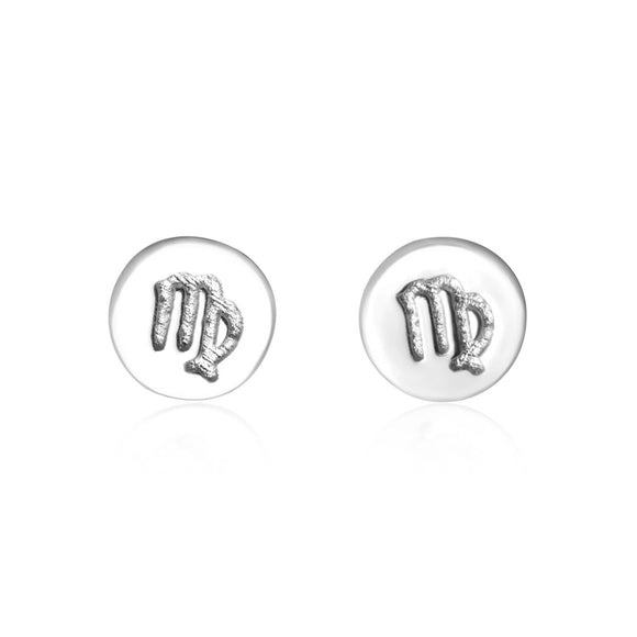 E-7008 Zodiac Disc Stud Earrings - Rhodium Plated - Virgo | Teeda