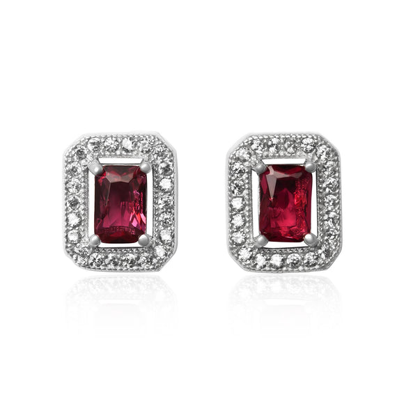 EZ-3009 Emerald Cut Halo Cubic Zirconia Earrings - Ruby | Teeda
