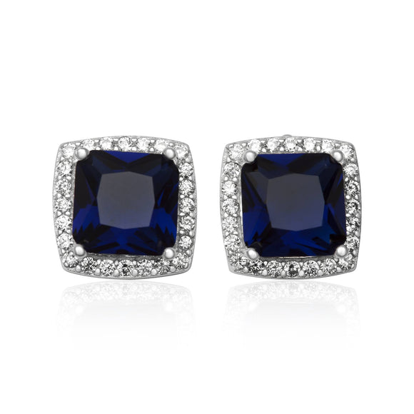 EZ-7057 Cushion Cut Halo CZ Post Earrings - Blue Sapphire | Teeda