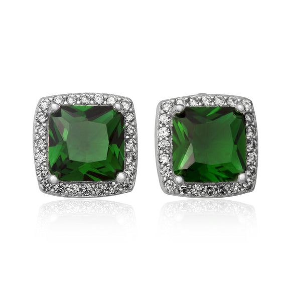 EZ-7057 Cushion Cut Halo CZ Post Earrings - Emerald | Teeda