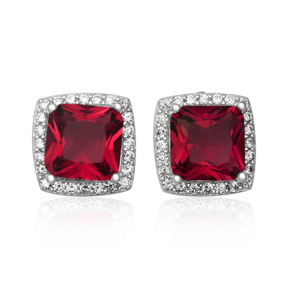 EZ-7057 Cushion Cut Halo CZ Post Earrings - Ruby | Teeda