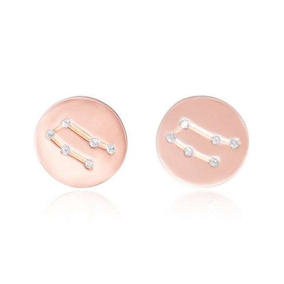 EZ-7073 Zodiac Constellation CZ Disc Stud Earrings - Rose Gold Plated - Gemini | Teeda