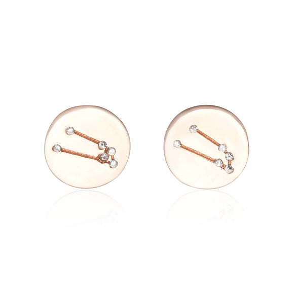 EZ-7073 Zodiac Constellation CZ Disc Stud Earrings - Rose Gold Plated - Taurus | Teeda