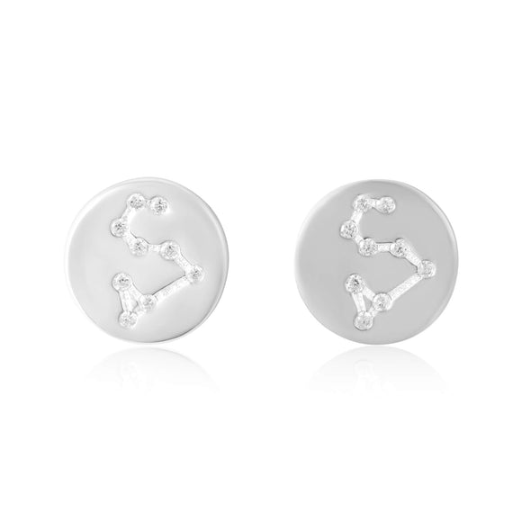 EZ-7073 Zodiac Constellation CZ Disc Stud Earrings - Rhodium Plated - Aquarius | Teeda