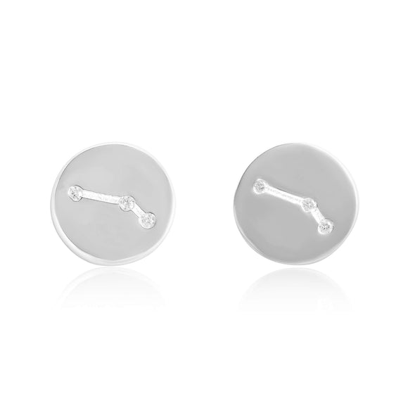 EZ-7073 Zodiac Constellation CZ Disc Stud Earrings - Rhodium Plated - Aries | Teeda