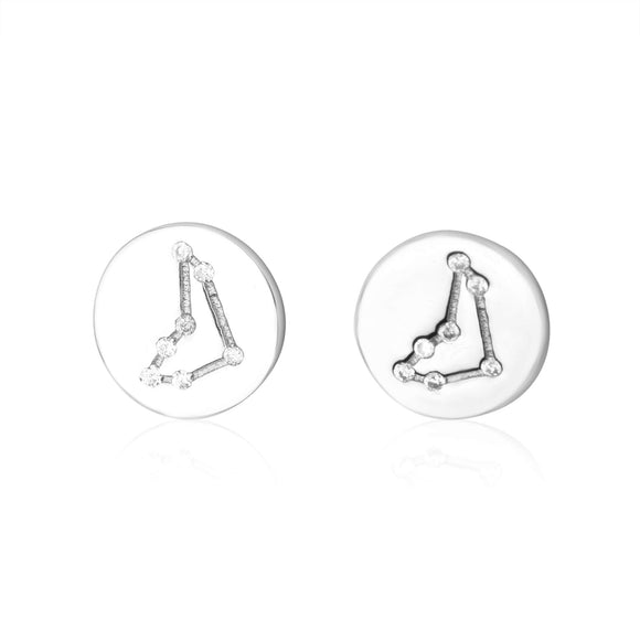 EZ-7073 Zodiac Constellation CZ Disc Stud Earrings - Rhodium Plated - Capricorn | Teeda