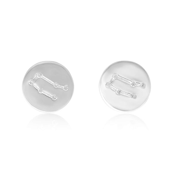 EZ-7073 Zodiac Constellation CZ Disc Stud Earrings - Rhodium Plated - Gemini | Teeda