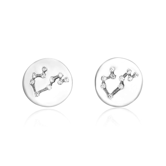 EZ-7073 Zodiac Constellation CZ Disc Stud Earrings - Rhodium Plated - Leo | Teeda