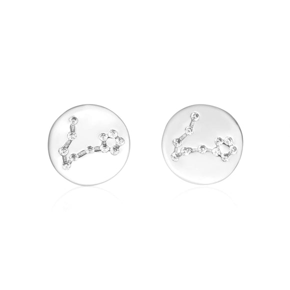 EZ-7073 Zodiac Constellation CZ Disc Stud Earrings - Rhodium Plated - Pisces | Teeda