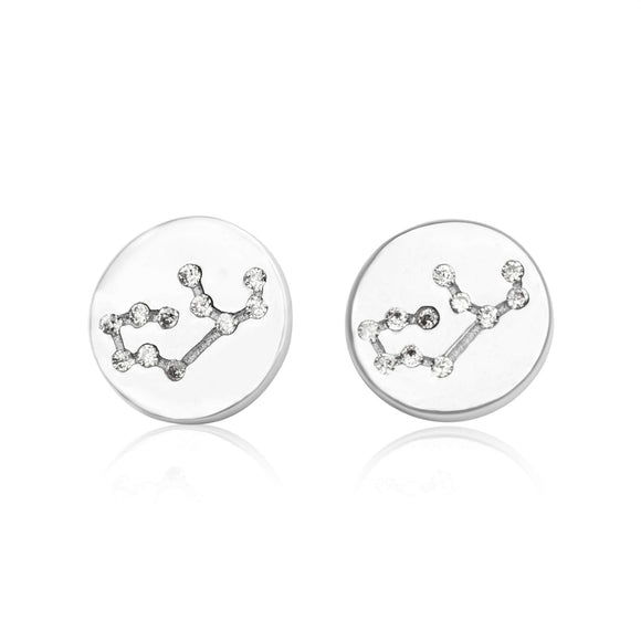EZ-7073 Zodiac Constellation CZ Disc Stud Earrings - Rhodium Plated - Virgo | Teeda