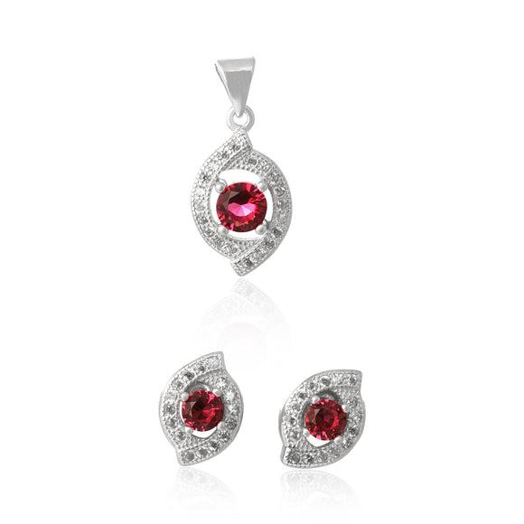 MAZ-1000-SR Micropave Cubic Zirconia Earring and Pendant Set - Ruby | Teeda