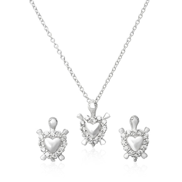 MAZ-8099 Turtle Heart CZ Earring Pendant Necklace Set | Teeda