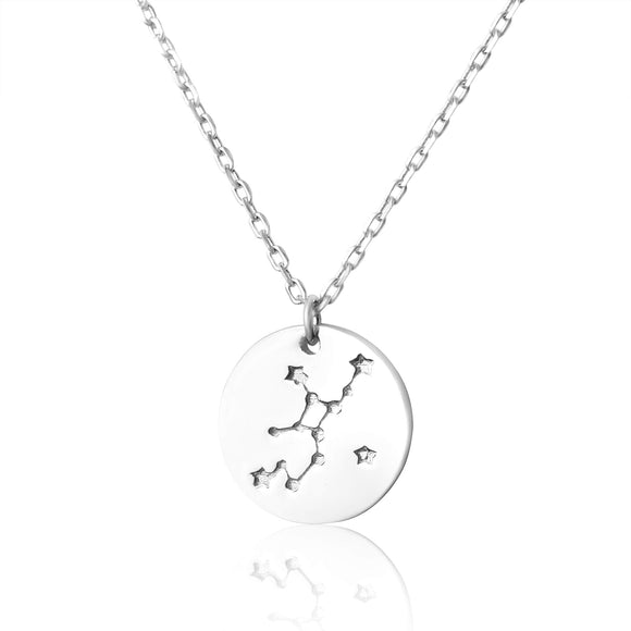N-7016 Zodiac Constellation Disc Charm and Necklace Set - Rhodium Plated - Virgo | Teeda