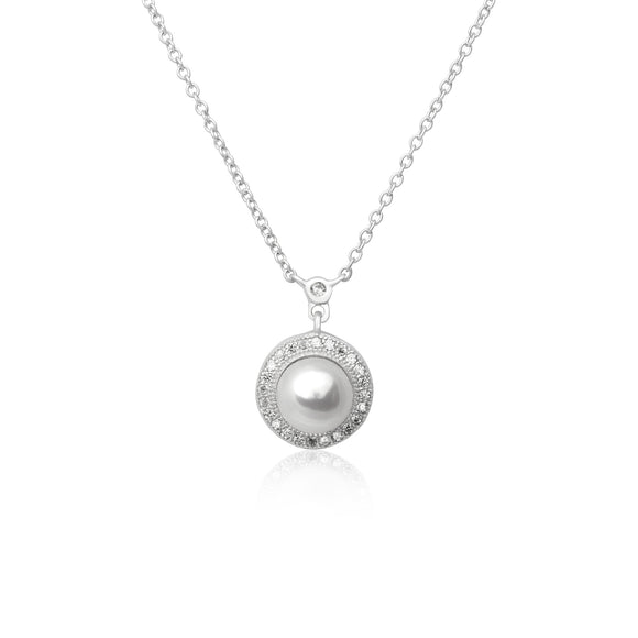 NZ-3004 Pearl in CZ Halo Setting Pendant and Necklace Set | Teeda