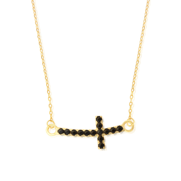 NZ-7008 Sideways Curved Cross Charm and Necklace Set - Gold Plated - Black CZ | Teeda