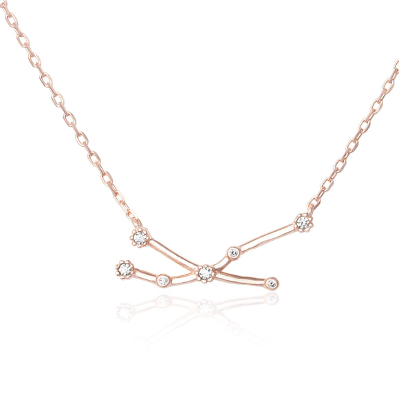 NZ-7015 Zodiac Constellation CZ Charm and Necklace Set - Rose Gold Plated - Taurus | Teeda