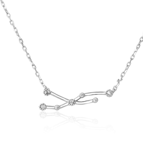 NZ-7015 Zodiac Constellation CZ Charm and Necklace Set - Rhodium Plated - Taurus | Teeda