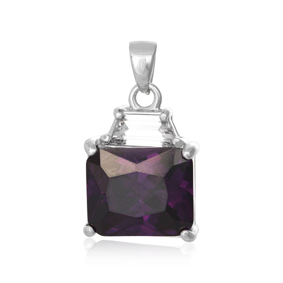 PZ-5300-AM Emerald Cut W Baguette CZ Pendant - Amethyst | Teeda
