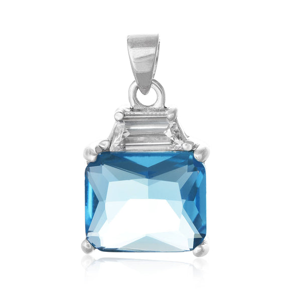 PZ-5300-AQ Emerald Cut W Baguette CZ Pendant - Aqua | Teeda