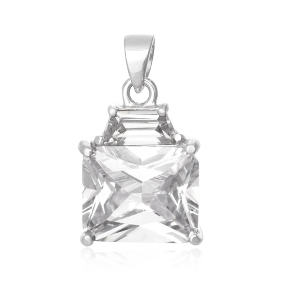 PZ-5300-C Emerald Cut W Baguette CZ Pendant - Clear | Teeda
