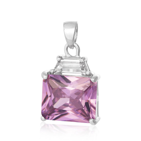 PZ-5300-P Emerald Cut W Baguette CZ Pendant - Pink | Teeda