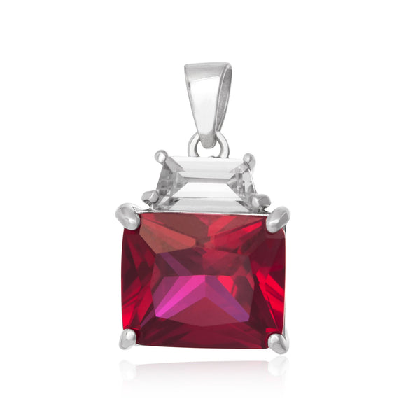 PZ-5300-SR Emerald Cut W Baguette CZ Pendant - Ruby | Teeda