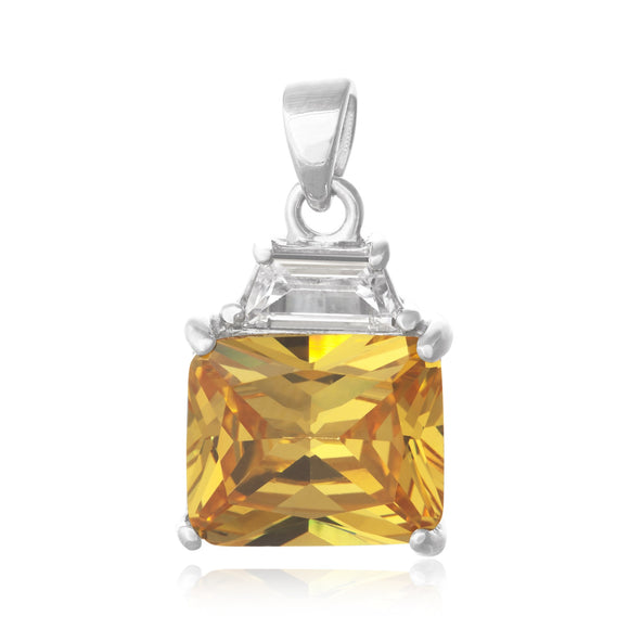 PZ-5300-Y Emerald Cut W Baguette CZ Pendant - Yellow Citrine | Teeda