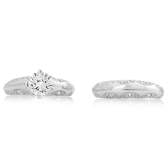RSZ-2142 Scalloped Edge CZ Engagement Wedding Ring Set
