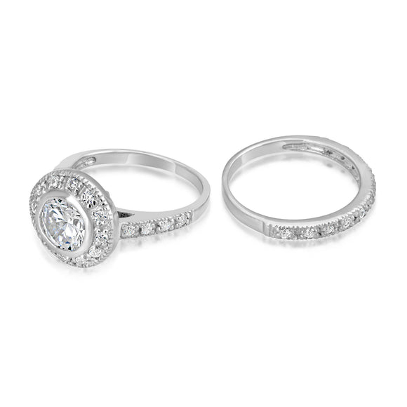 RSZ-2146 Bezel Set Halo CZ Engagement Wedding Ring Set