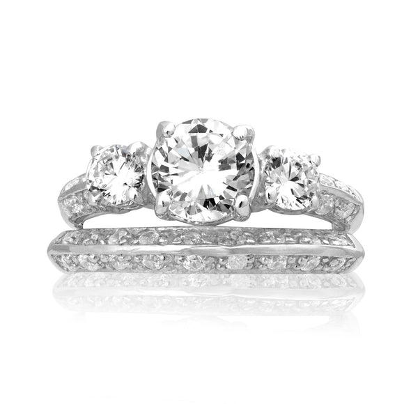 RSZ-2152 Knife Edge Trio CZ Engagement Wedding Ring Set | Teeda