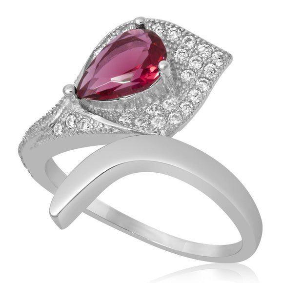 RZ-1652-SR Pear Shape Micropave Cubic Zirconia Ring - Ruby | Teeda