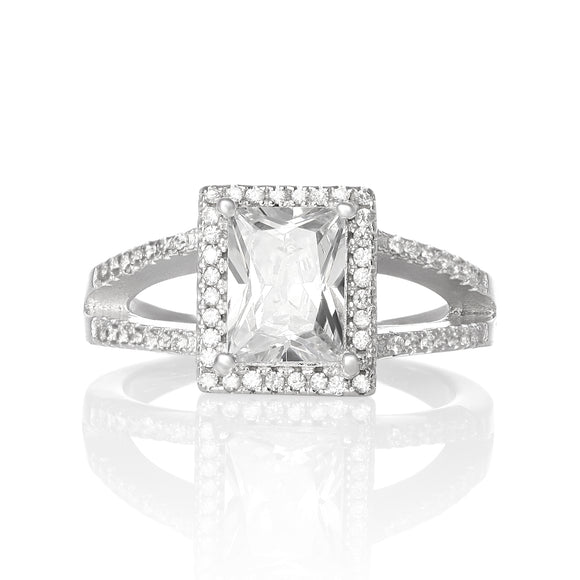 RZ-1667 Rectangular Princess Cut Split Shank CZ Ring - Clear | Teeda
