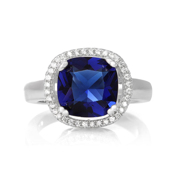 RZ-1669 Cushion Cut Halo CZ Ring - Blue Sapphire | Teeda