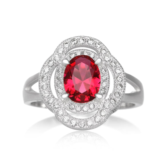 RZ-1688 Oval CZ Double Halo Ring - Ruby | Teeda