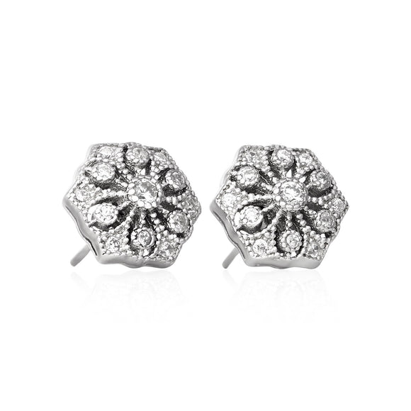 EZ-3007 Vintage Style Hexagon CZ Post Earrings | Teeda